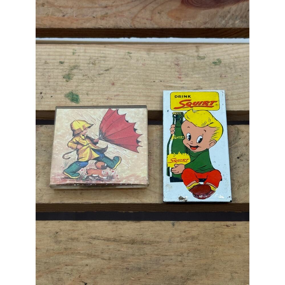 Vintage 1970s/1980s Fridge Magnets - Drink Squirt Soda Boy and JSNY Umbrella Boy